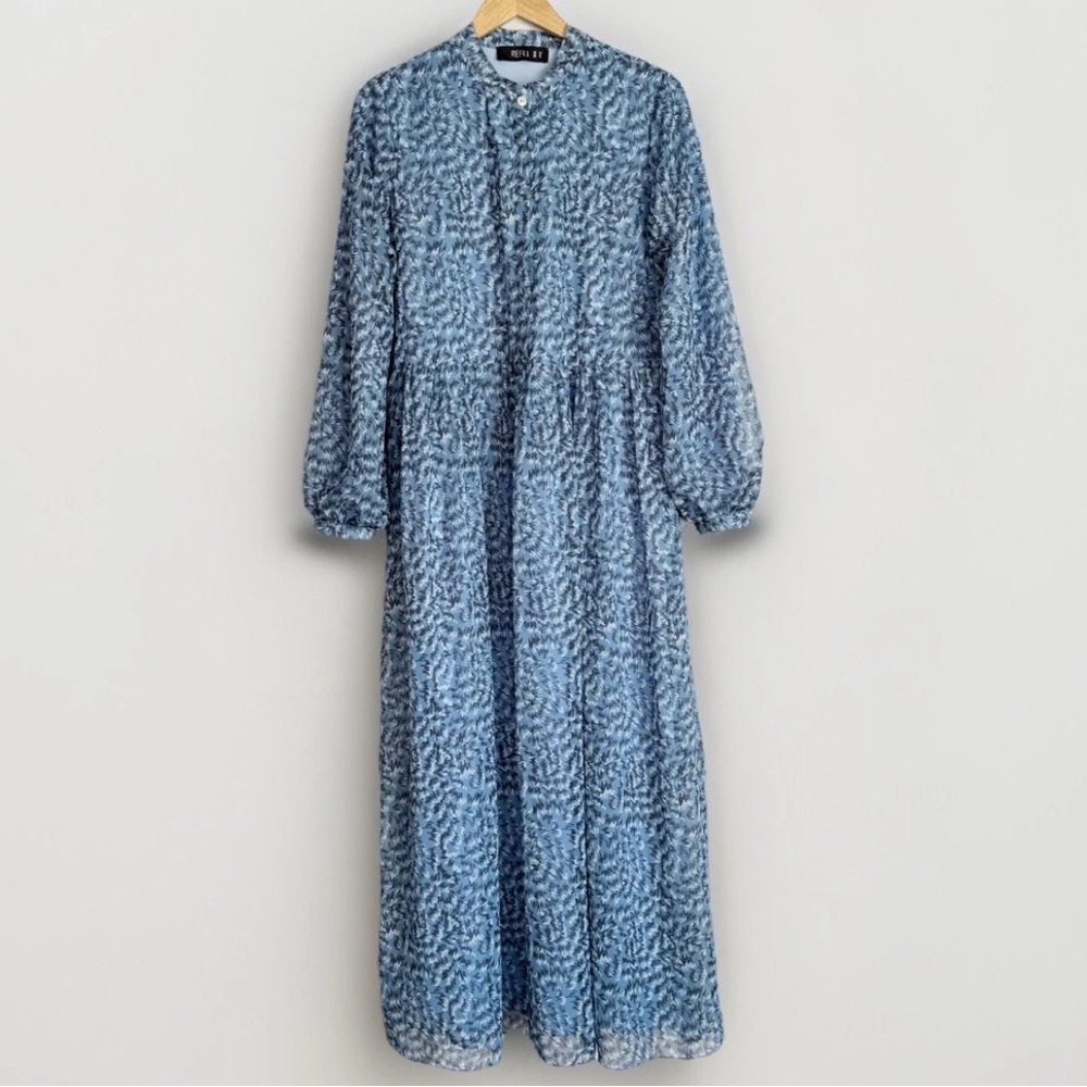 REFKA Balloon Long Sleeve Maxi Dress Size 10 Blue Abstract Winter Modest Chic